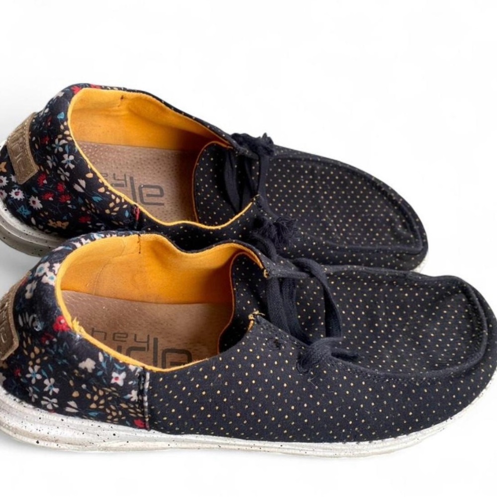 Hey Dude Black and Yellow Floral Slip-Ons